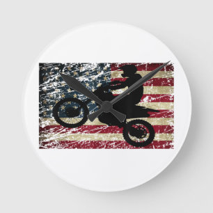 Dirt Bike USA Flag T - Shirt Motocross American Fl Runde Wanduhr