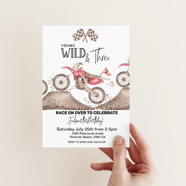 Dirt Bike Young Wild und Einladung zum 3. Geburtst (Red Dirt Bike, YOUNG WILD AND THREE)