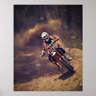 Dirt Biker über den Fluss und durch den Wald Poster