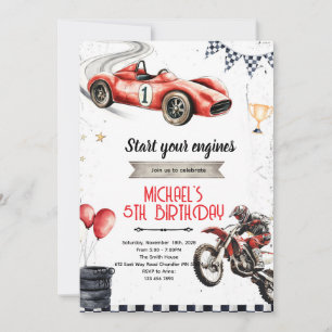 Dirt Bikes und Rennwagen Thema Einladung