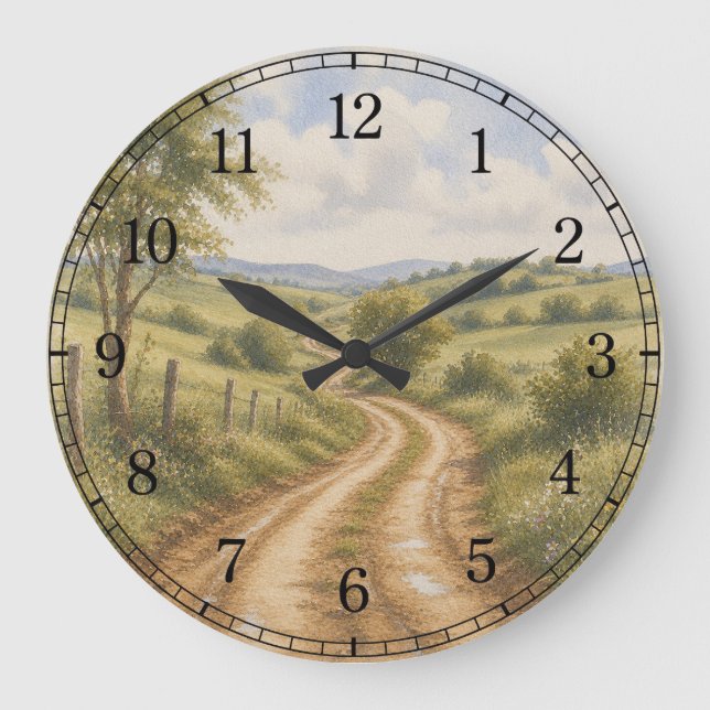 Dirt Road Wall Clock — Rustic Landscape Design Große Wanduhr (Vorderseite)