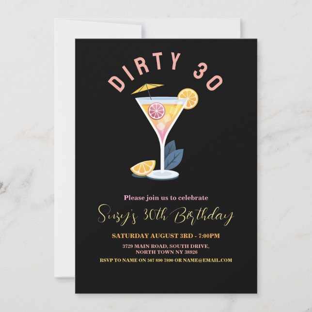 Dirty 30 Frauen Geburtstag Dreißig Cocktails Marti Einladung (Vorderseite)