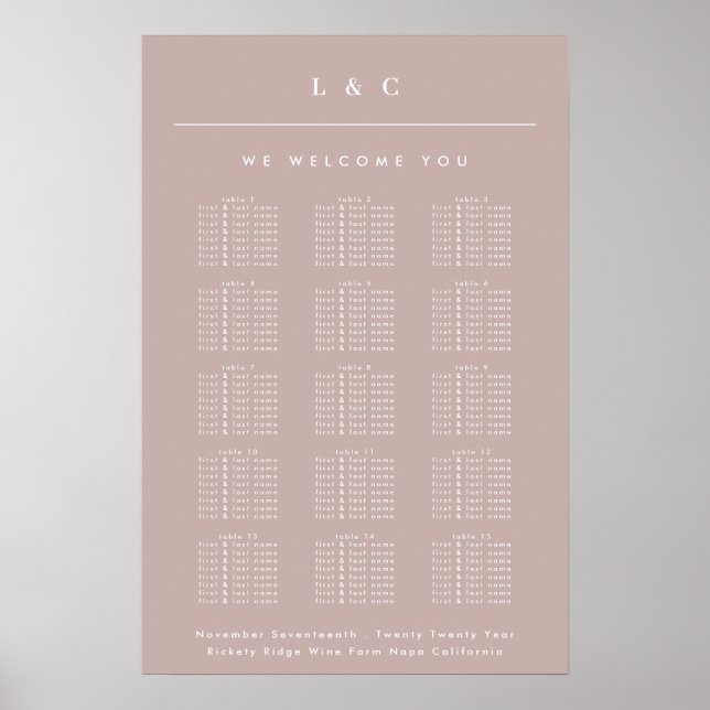 Dirty Pink Taupe Monogram Hochzeitstabelle Poster (Vorne)