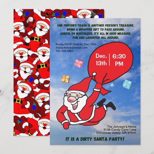 Dirty Santa Party Flying with a Blue Sky Christmas Einladung (Vorne/Hinten)