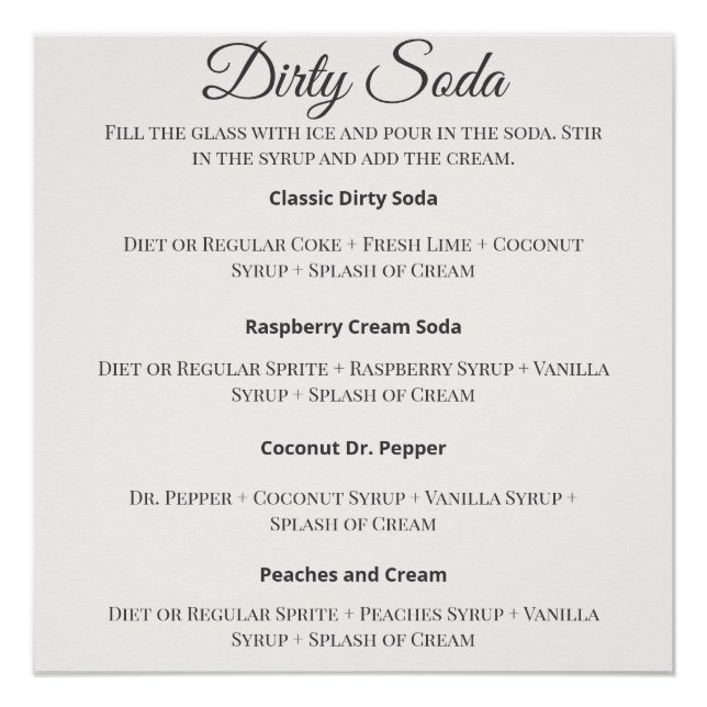 Dirty Soda Bar Sign with Recipes for Wedding Poster (Vorderseite)