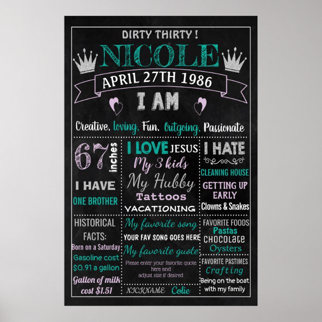Dirty Thirty Adult Birthday Kuchen Schalkbrett zer Poster (Vorne)