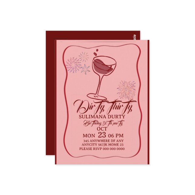Dirty thirty birthday invitation template, cherry  postkarte (Vorderseite/Rückseite Beispiel)