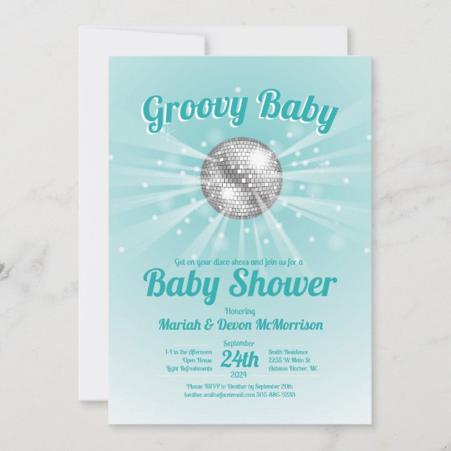 Disco Ball Baby Dusche Groovy Blue Boy Einladung (Vorderseite)