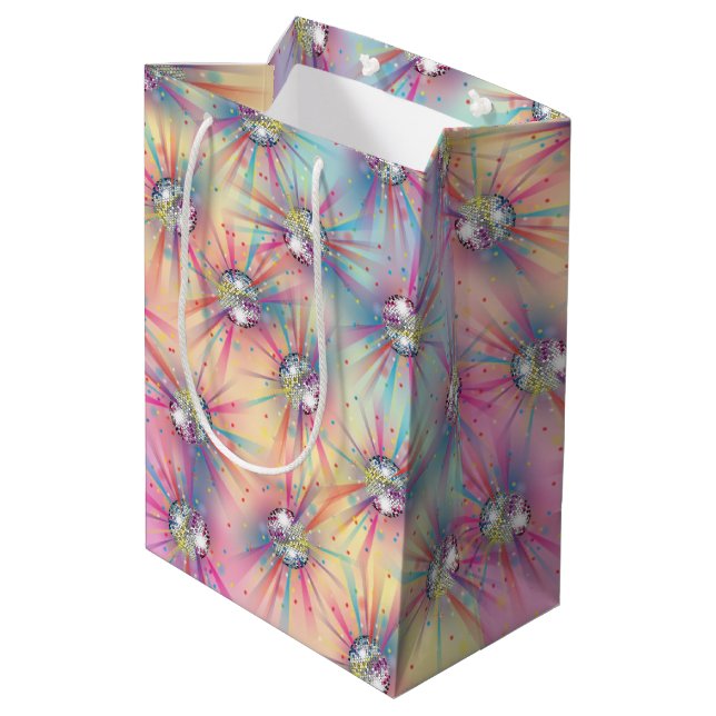 Disco Ball Baby Dusche Groovy Pastel Rainbow Mittlere Geschenktüte (Rückseite Schrägansicht)