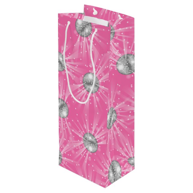 Disco Ball Baby Dusche Groovy Pink Girl Geschenktüte Für Weinflaschen (Rückseite Schrägansicht)