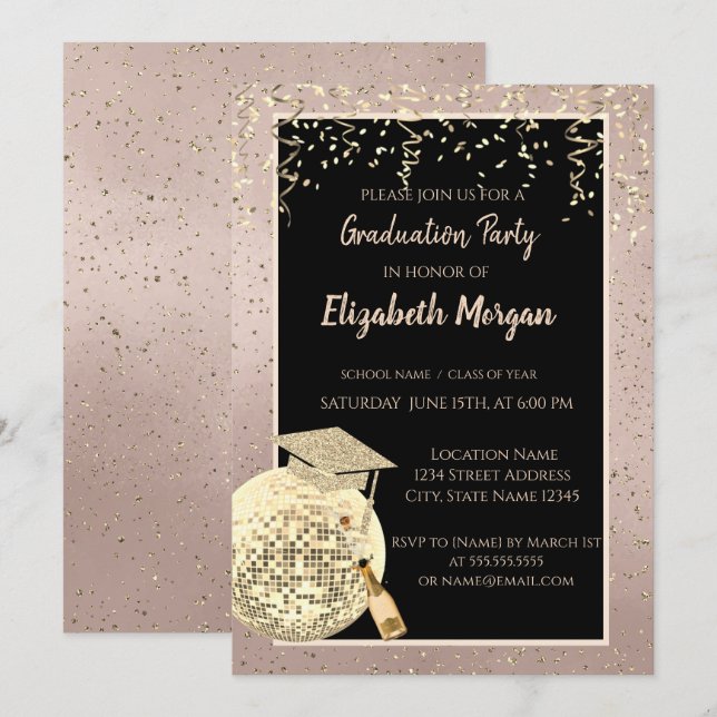 Disco Ball Confetti, Wine Rose Gold Abschluss Einladung (Vorne/Hinten)