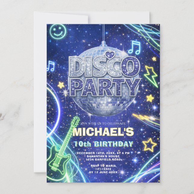 Disco Ball Neon Space Kids Birthday Party Invite Einladung (Vorderseite)