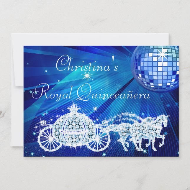 Disco Ball, Princess Coach & Horses Quinceañera Einladung (Vorderseite)