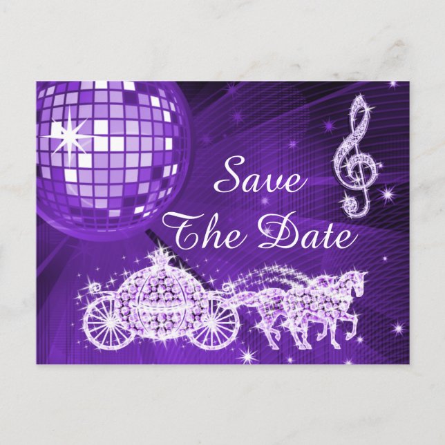 Disco Ball, Princess Coach & Horses Save the Date Ankündigungspostkarte (Vorderseite)