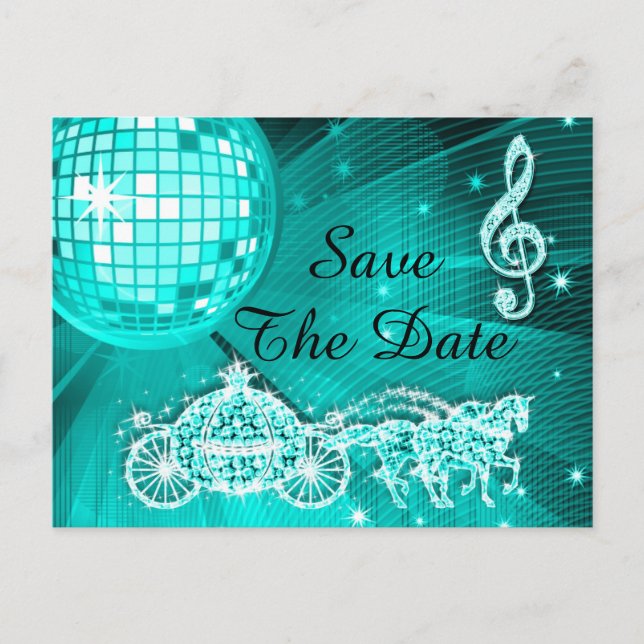Disco Ball, Princess Coach & Horses Save the Date Ankündigungspostkarte (Vorderseite)