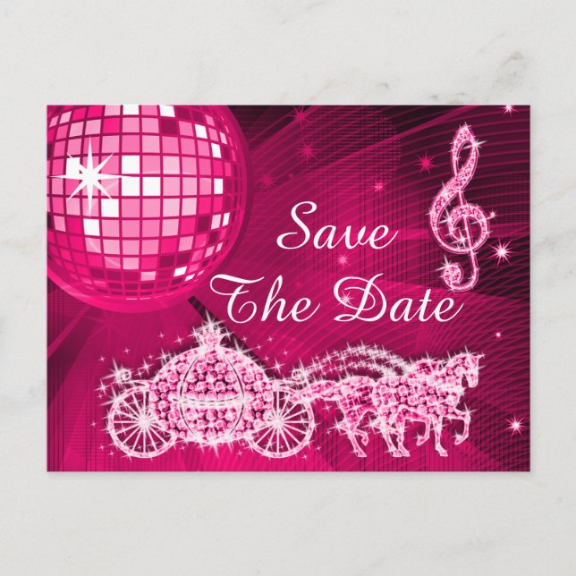 Disco Ball, Princess Coach & Horses Save the Date Ankündigungspostkarte (Vorderseite)