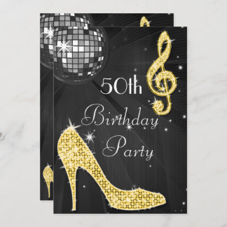 Disco Ball und Heelse Black & Gold 50. Geburtstag Einladung