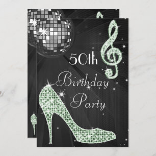 Disco Ball und Heelse Black & Mint 50. Geburtstag Einladung