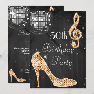 Disco Ball und Heelse Black & Orange 50. Geburtsta Einladung