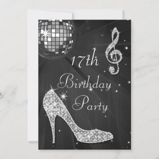 Disco Ball und Heelse Black & Silver 17. Geburtsta Einladung