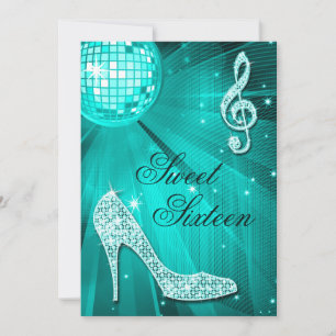 Disco-Ball und Schein-Heels-aquamariner Bonbon 16 Einladung