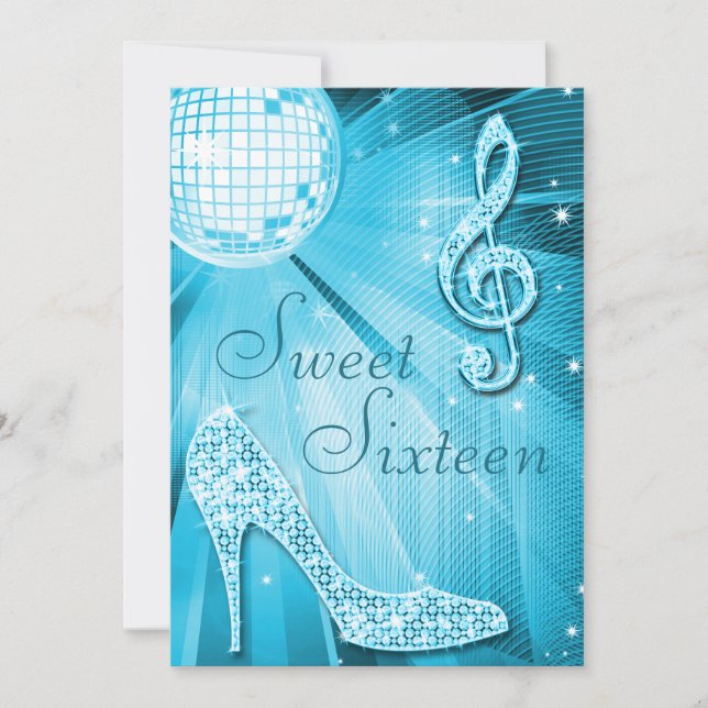 Disco Ball und Sparkle Heelse Sweet 16 Light Blue Einladung (Vorderseite)