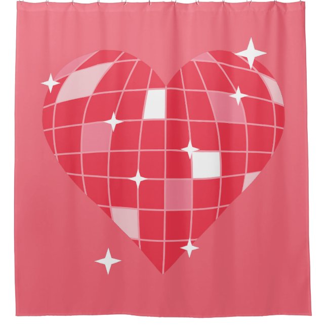 Disco-Ball Valentine 1970er rosa Herz Duschvorhang (Vorderseite)