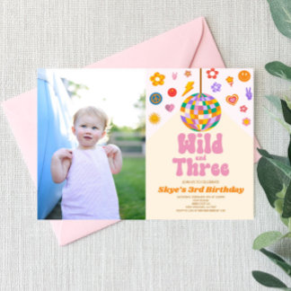 Disco Ball Wild und Three Foto 3. Geburtstag Party Einladung