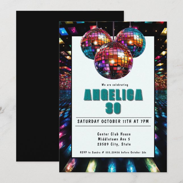 Disco Birthday Aquamarin Black Einladung (Vorne/Hinten)