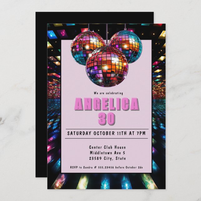 Disco Birthday Pink Black Einladung (Vorne/Hinten)