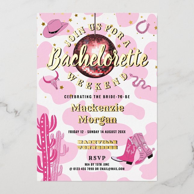 Disco Cowgirl Bachelorette Weekend Party Folieneinladung (Vorderseite)
