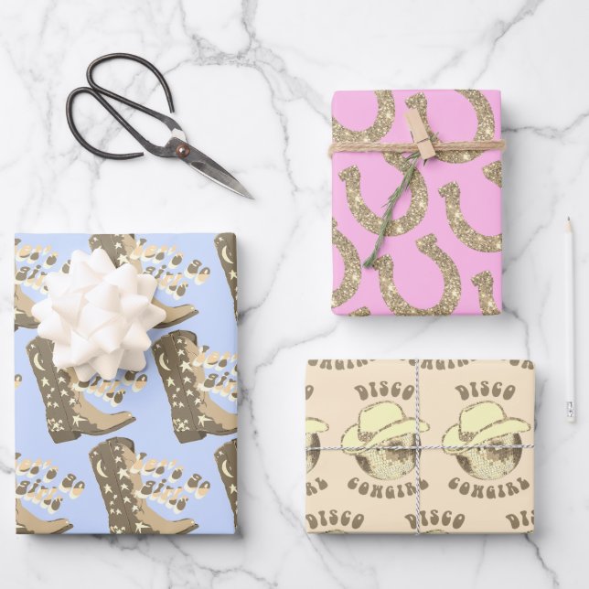 Disco Cowgirl Boot Horseshoe Pink Blue Beige Gold Geschenkpapier Set (Vorderseite)