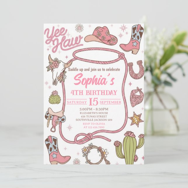 Disco Cowgirl Nashville Pink Rodeo Birthday Party Einladung (Stehend Vorderseite)