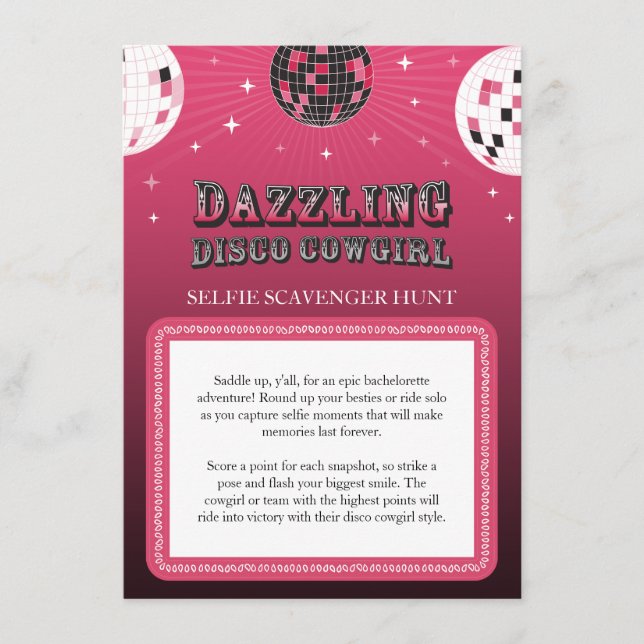 Disco Cowgirl Selfie Scavenger Hunt Game Begleitkarte (Vorderseite)