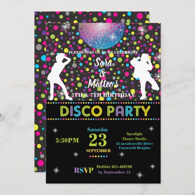 Disco Dance Joint Twins Birthday Party Boy Girl Einladung (Vorne/Hinten)