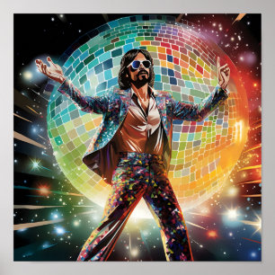 Disco Dancing Mann vor dem Disco Ball Poster