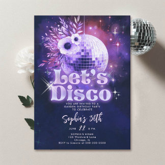 Disco Garden Party 70er Retro Lila 30. Geburtstag Einladung