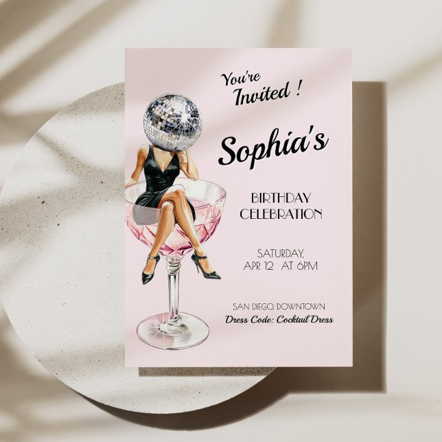 Disco Giro del Malcantone Einladung (Disco Girl In Martini Glass Birthday Invite)