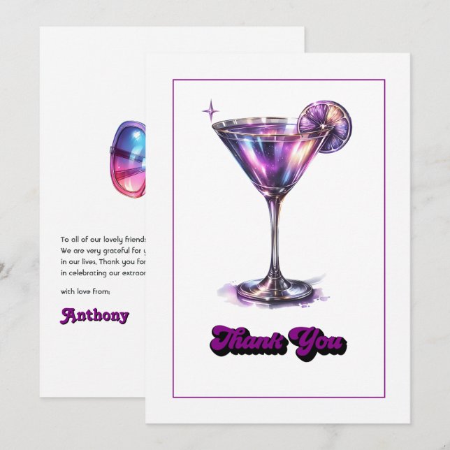 Disco Glam Retro Martini Galaxy Glasdesign Dankeskarte (Vorne/Hinten)