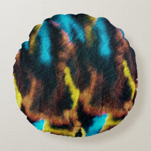 Disco-Ikat-Muster. Farbiger Dirty-Art-Hintergrund. Rundes Kissen