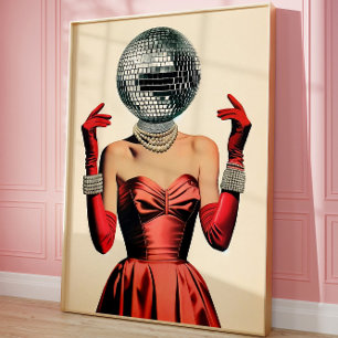 Disco-Kugel-Kopf-Frau-Wandkunst, Glamouröses Retro Poster
