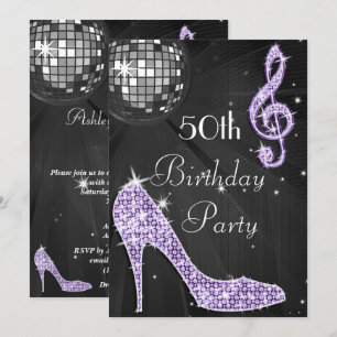 Disco-Kugel und High Heels Schwarz & Lila 50. Gebu Einladung