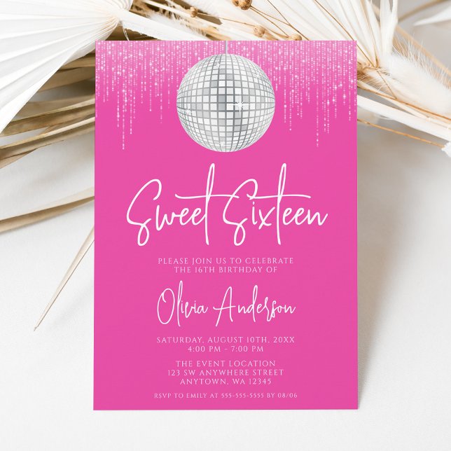 Disco-Lichter Silber Rosa Sweet 16 Einladung (Von Creator hochgeladen)