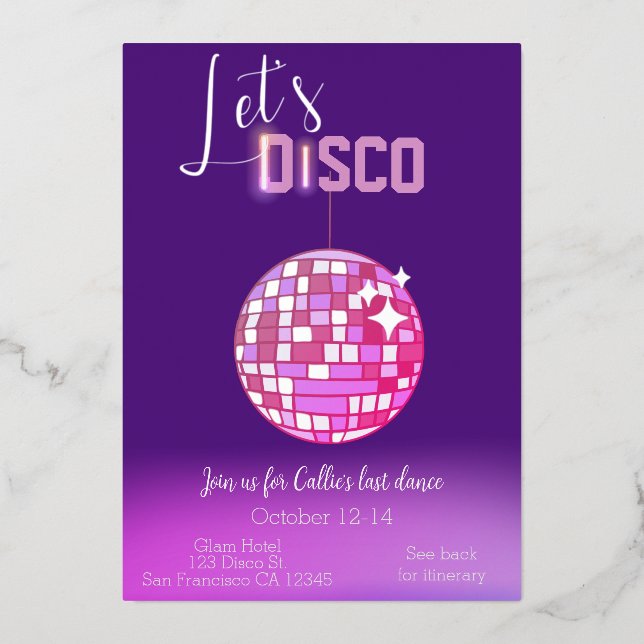 Disco Neon Bachelorette von lass Folieneinladung (Vorderseite)