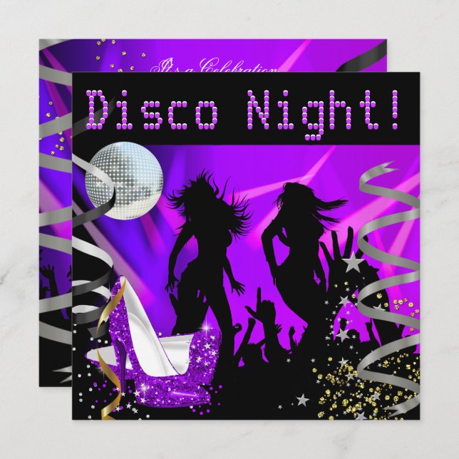 Disco Night Lila Dance Gold Black Glitzer Heelse Einladung (Vorne/Hinten)
