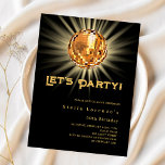 Disco Party Black Gold Einladung zum Geburtstag<br><div class="desc">Eine 50. (oder eine beliebige) Party Einladung. Ein schwarzer Hintergrund,  der mit einer goldenen Diskothek geschmückt ist. Text: Lasst uns Party machen! Personalisieren und fügen Sie einen Namen und Party-Details hinzu. Der Name wird mit einem handgeschriebenen Stilskript geschrieben. 1 Blatt = 1 Einladung mit Druckkante bis Kante.</div>