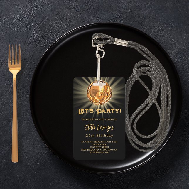 Disco Party Black Gold Einladung zum Geburtstag Ausweis (Von Creator hochgeladen)