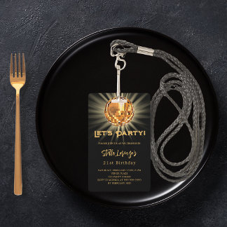 Disco Party Black Gold Einladung zum Geburtstag Ausweis