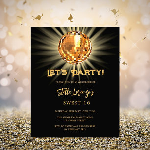 Disco Party Black Gold Sweet 16-Budget-Einladung