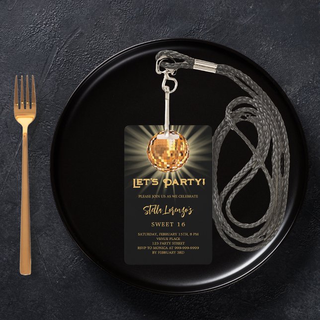 Disco Party Black Gold Sweet 16 Einladung Ausweis (Von Creator hochgeladen)